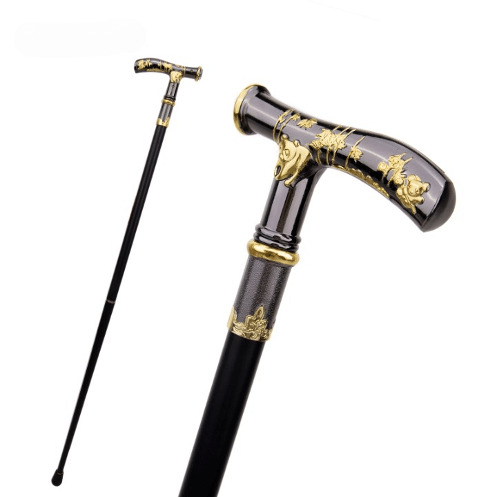 Canne de marche orthopédique élégante, poignée sculptée dorée, soutien et confort pour seniors.
