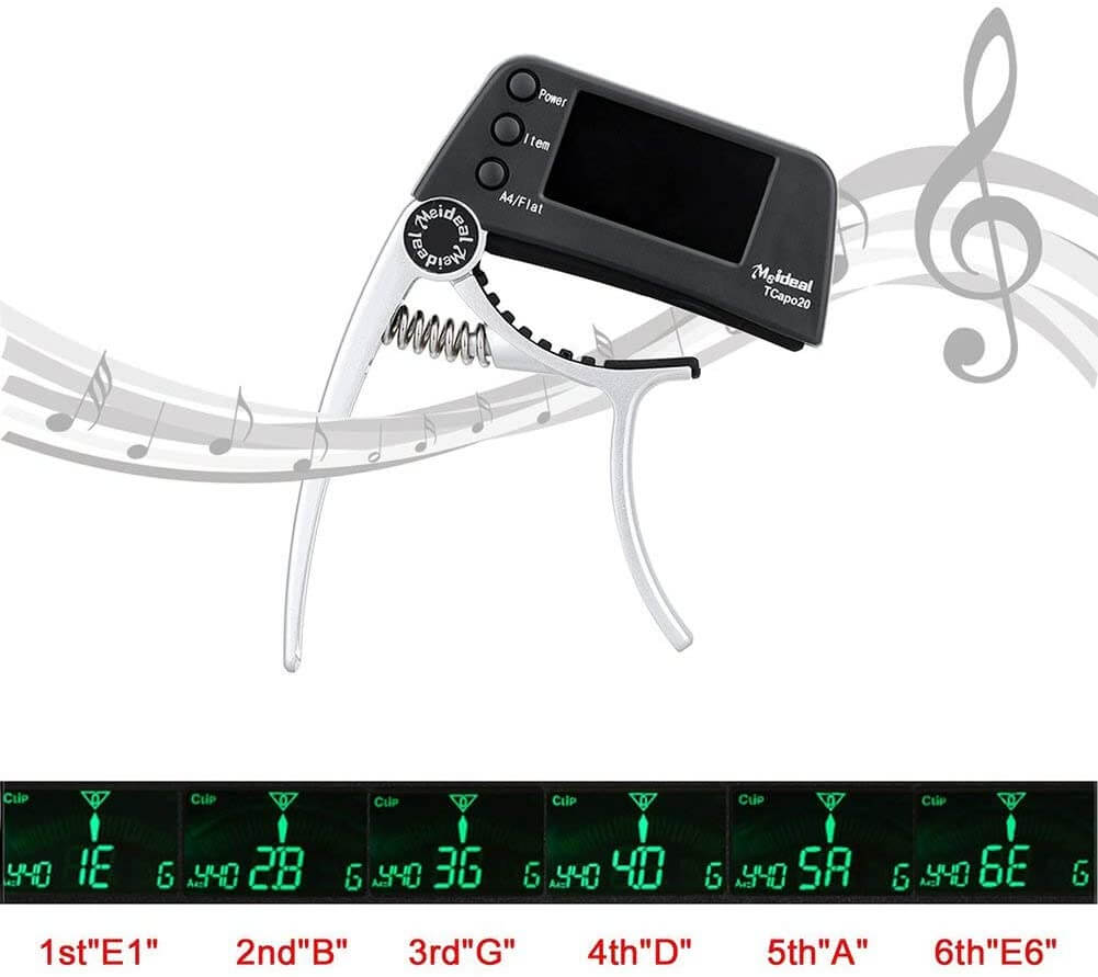 Accordeur chromatique polyvalent et capo pour basse, ukulele et violon. Accessoire 2-en-1 essentiel.