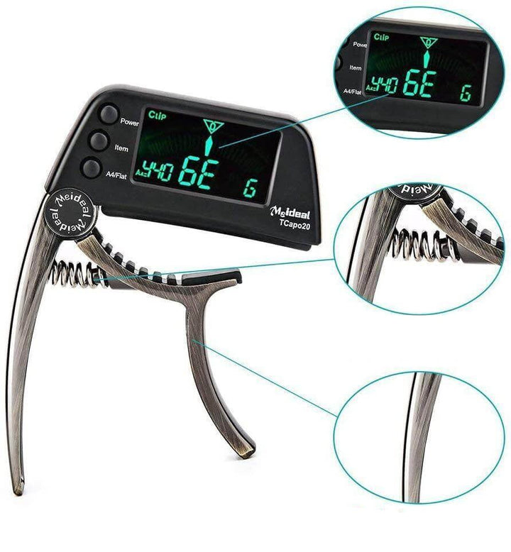 Capo accordeur 2-en-1 pour guitare acoustique et électrique. Accessoire musical portable et polyvalent.