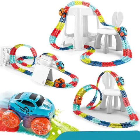 Enfant construisant un circuit de voiture magnétique créatif, stimulant l'imagination et le jeu éducatif.