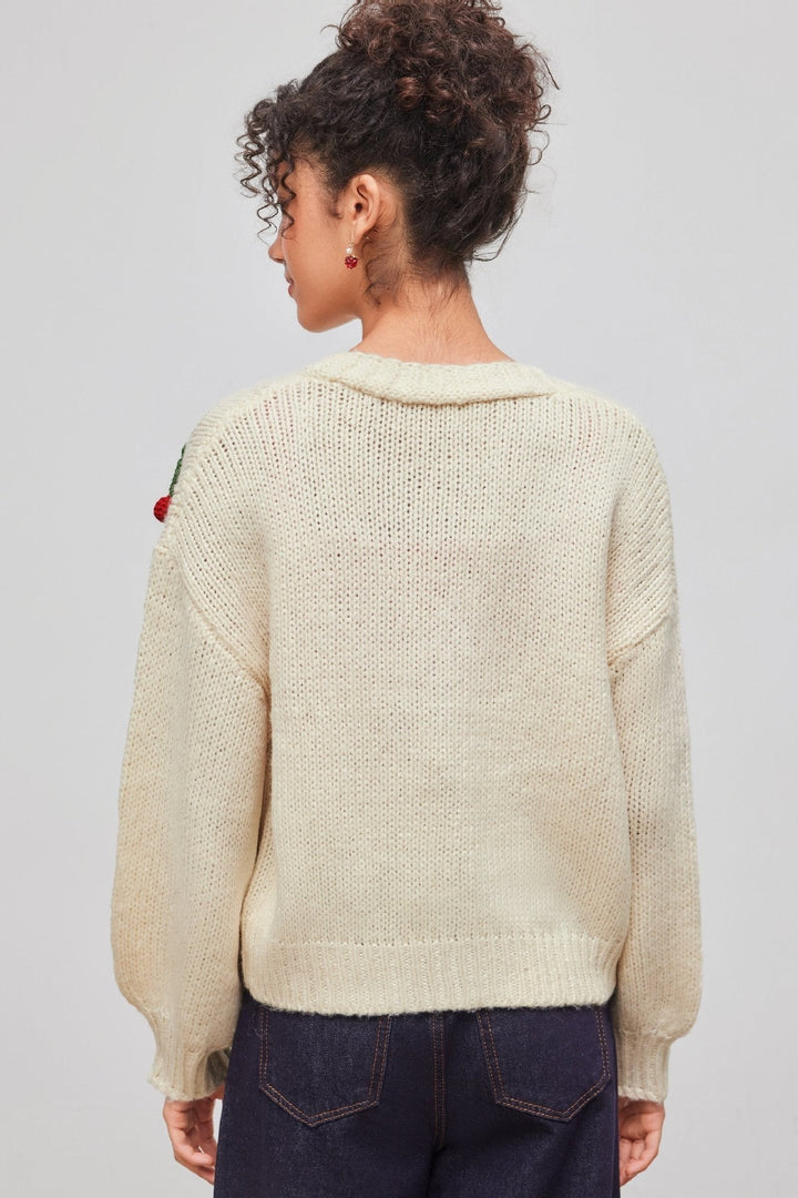 Cardigan décontracté femme, ample, col V. Charmantes cerises. Idéal pour un look automnal et cosy.
