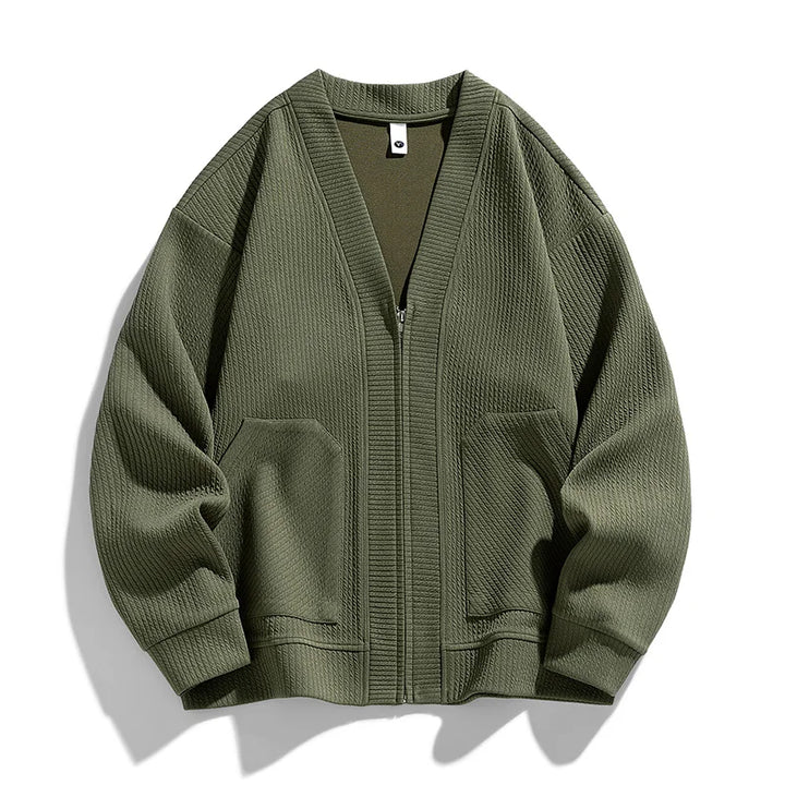 Cardigan homme zippé avec poches pratiques, idéal pour un look décontracté chic et chaleureux.