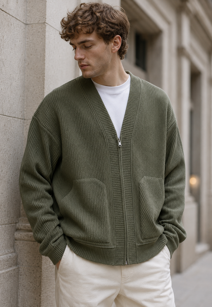 Cardigan homme zippé texturé, élégant et décontracté, avec poches, parfait pour l'automne et l'hiver.