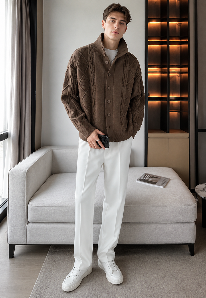 Cardigan homme en maille torsadée, chaud et confortable. Idéal pour l'hiver, élégant avec ses boutons.