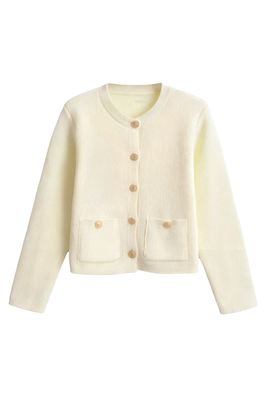 Cardigan femme chic automne avec boutons dorés, col rond, manches longues. Vêtement polyvalent mode.