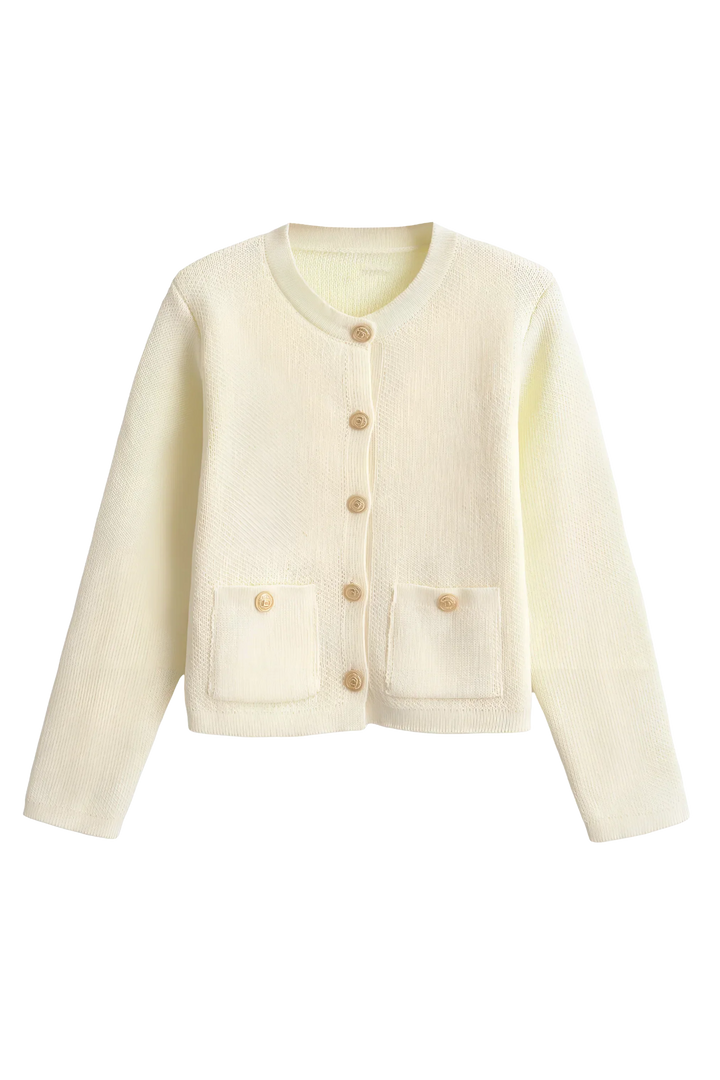 Cardigan femme chic automne avec boutons dorés, col rond, manches longues. Vêtement polyvalent mode.