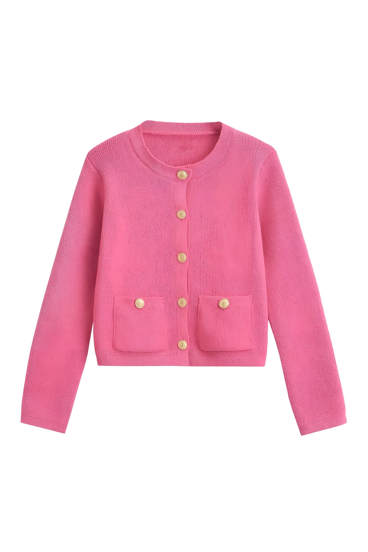 Vue de face d'un cardigan femme noir à manches longues, boutons dorés, offrant un style élégant et polyvalent.