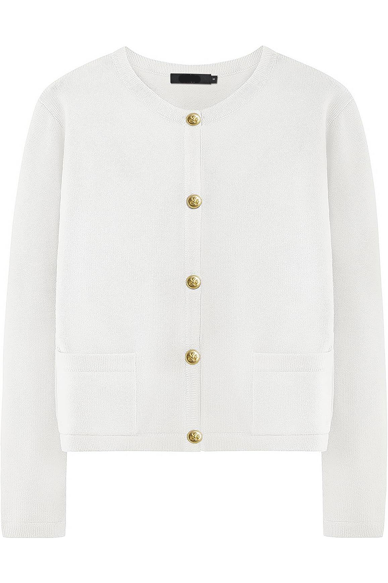 Vêtement féminin Sorelia: cardigan élégant à col rond, boutons et poches. Parfait pour le quotidien chic.