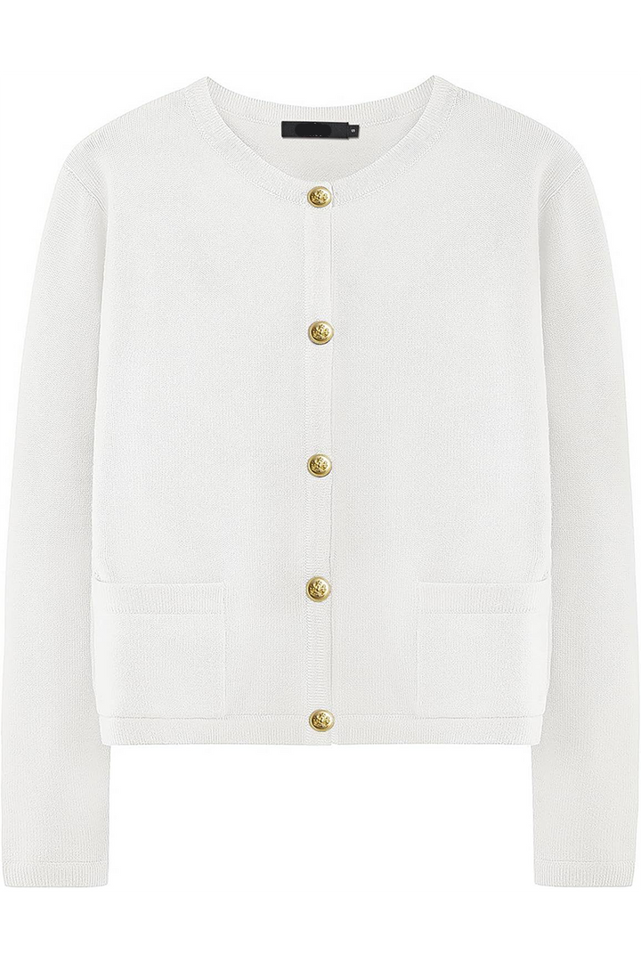 Vêtement féminin Sorelia: cardigan élégant à col rond, boutons et poches. Parfait pour le quotidien chic.