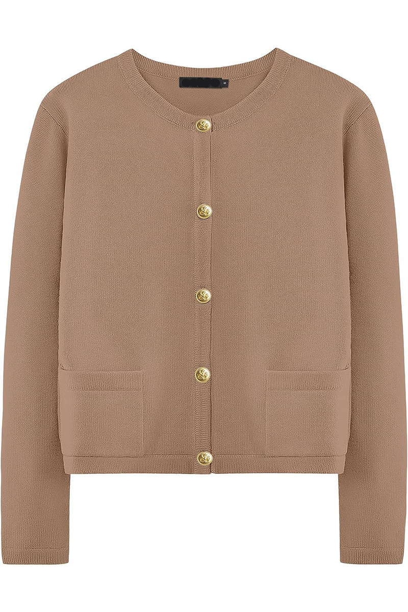 Cardigan femme Sorelia, couleur unie. Col rond, boutons, poches. Look élégant et décontracté.
