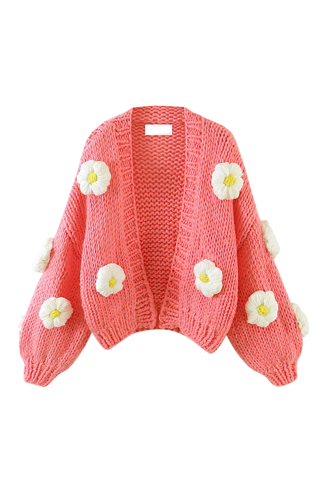 Mode femme: Cardigan rose élégant avec des motifs floraux délicats et de grandes manches bouffantes.