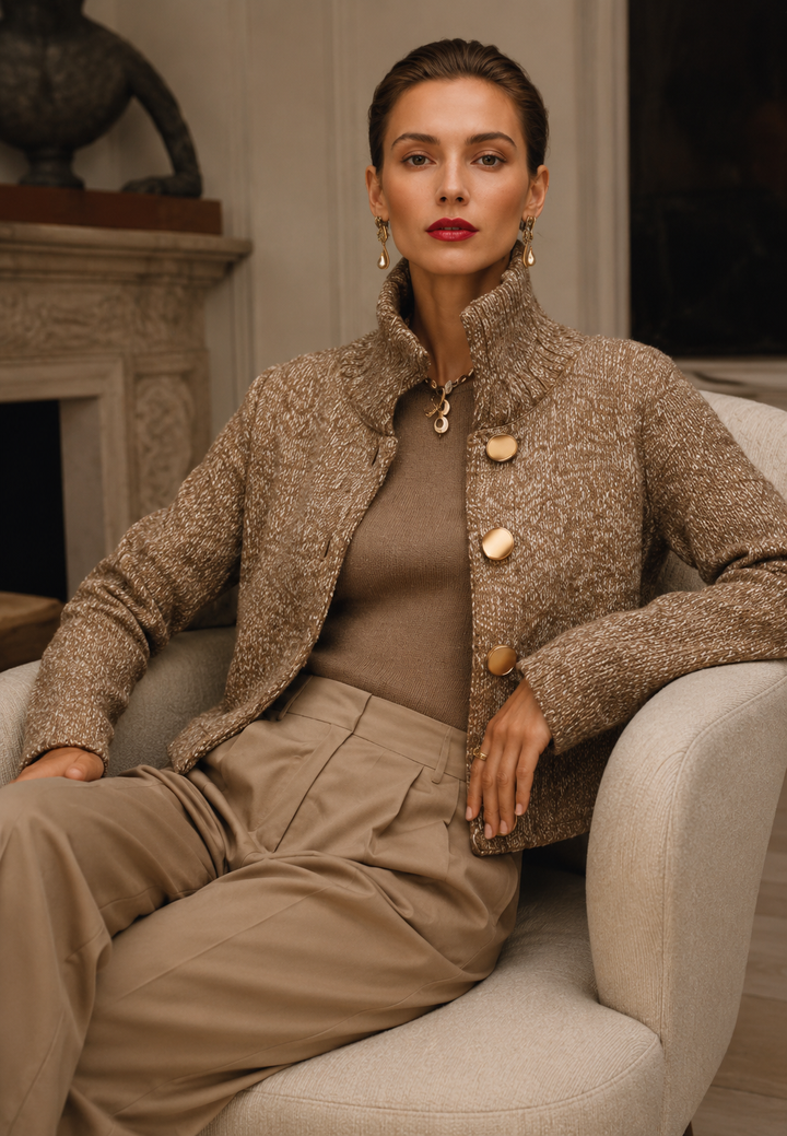 Cardigan élégant beige pour femme, col montant, boutons discrets. Idéal bureau/ville, parfait automne.