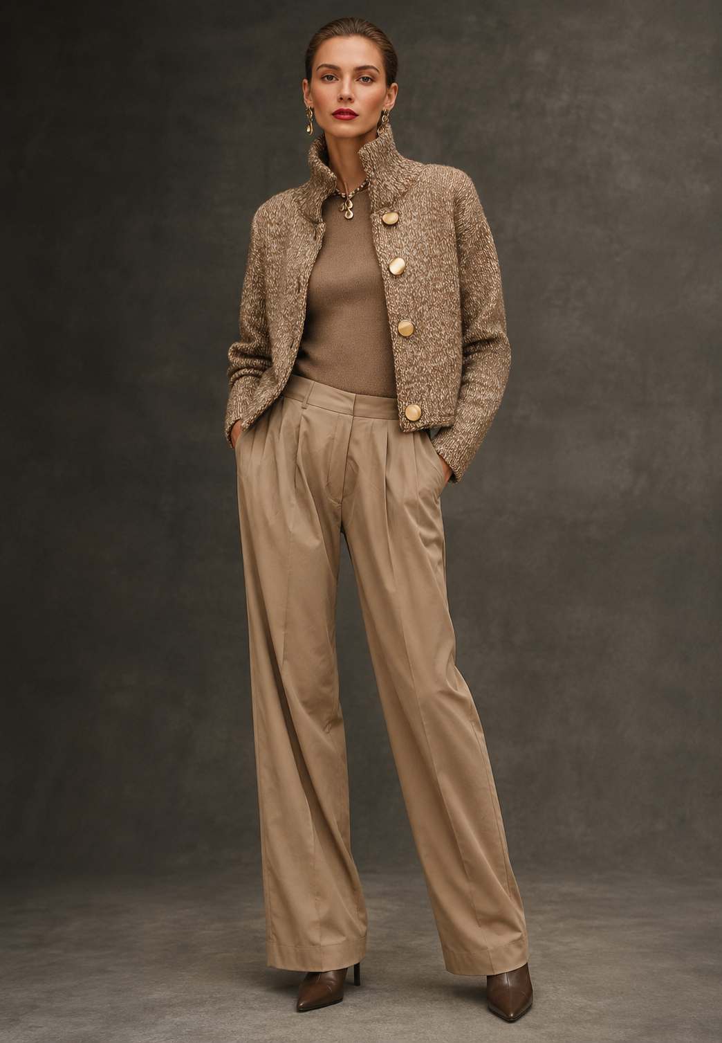 Cardigan femme beige à col montant et boutons. Maille douce, parfait pour un look automne élégant et confortable.