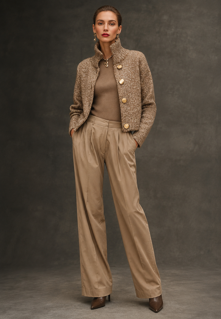 Cardigan femme beige à col montant et boutons. Maille douce, parfait pour un look automne élégant et confortable.