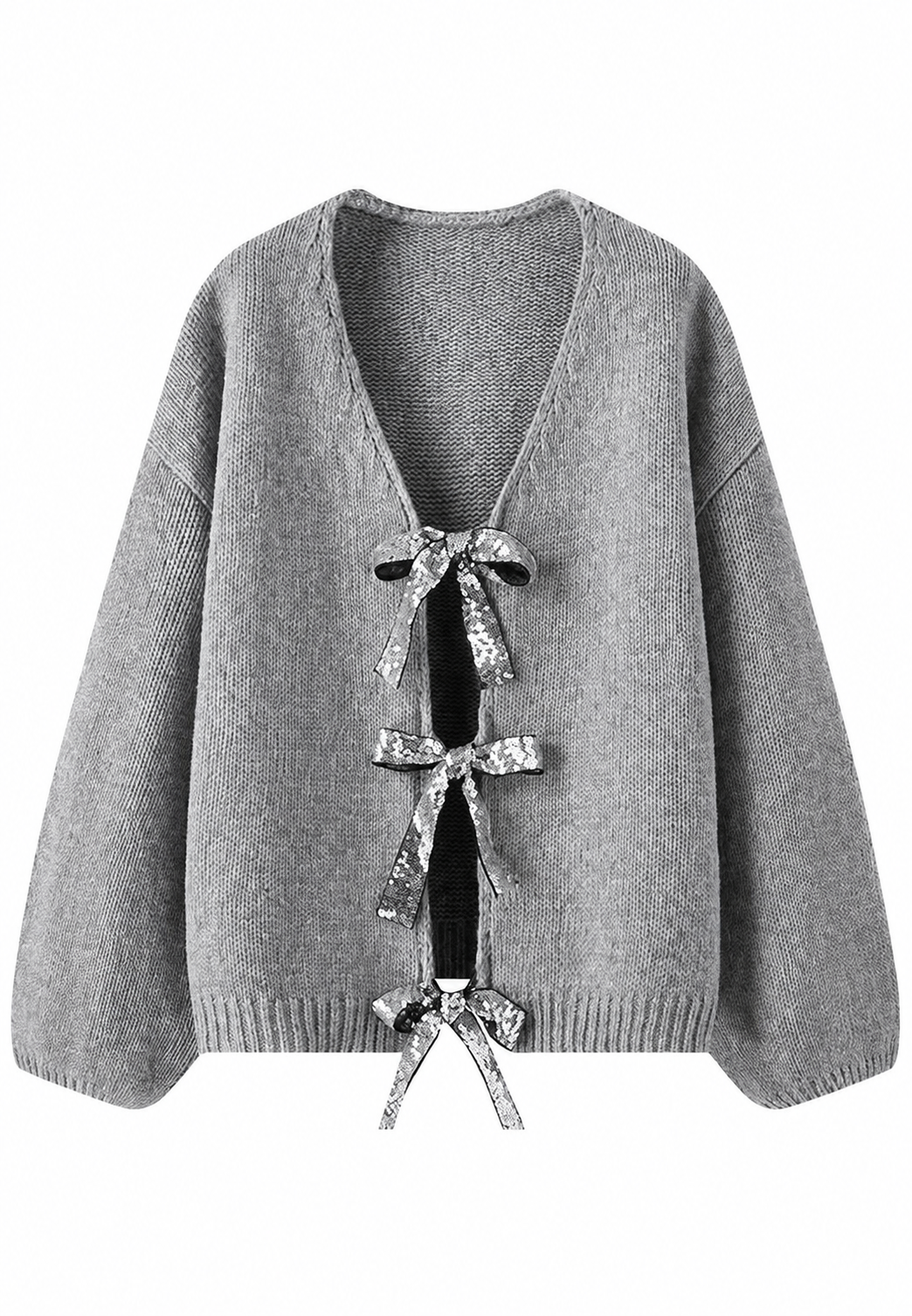 Cardigan femme chic, col en V et nœuds brillants. Une pièce élégante pour vos tenues de soirée hivernales.