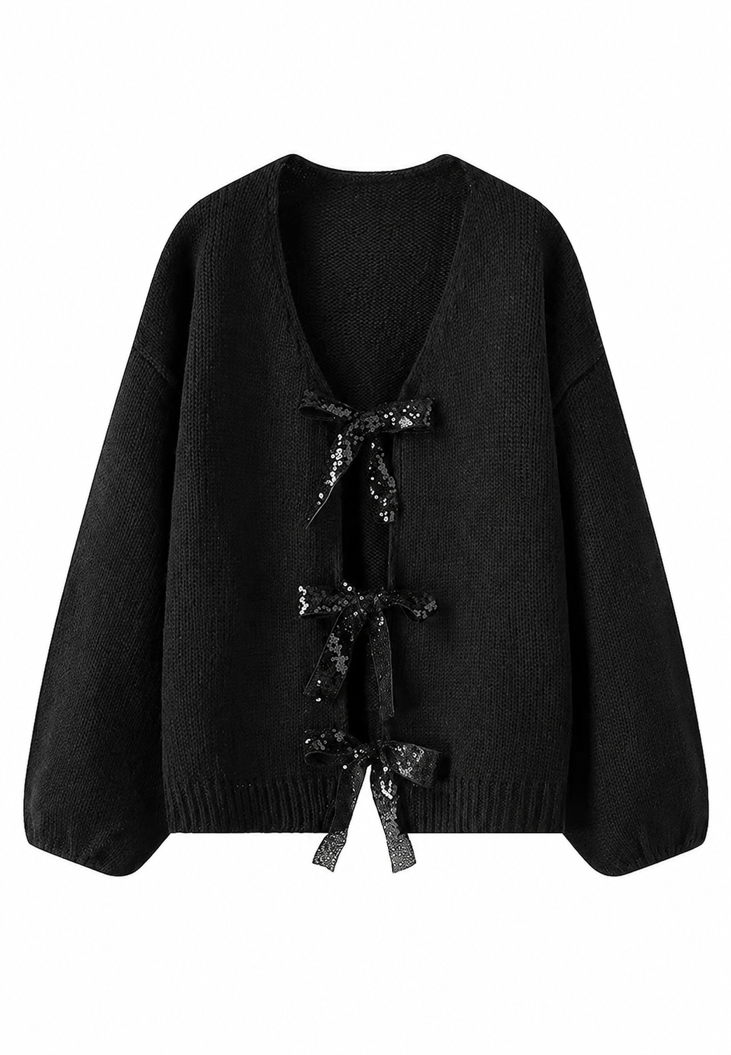 Cardigan femme mode tricot, col en V, nœuds brillants. Manches longues, élégance hivernale et festive.