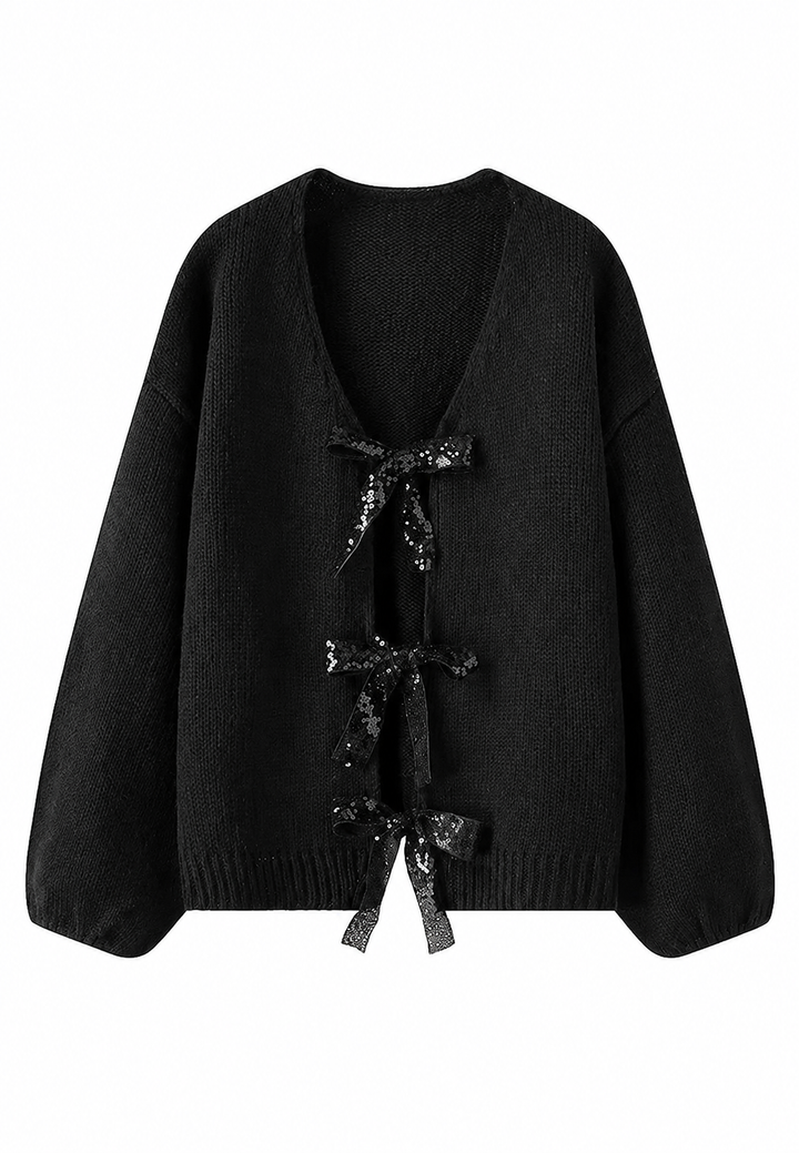 Cardigan femme mode tricot, col en V, nœuds brillants. Manches longues, élégance hivernale et festive.