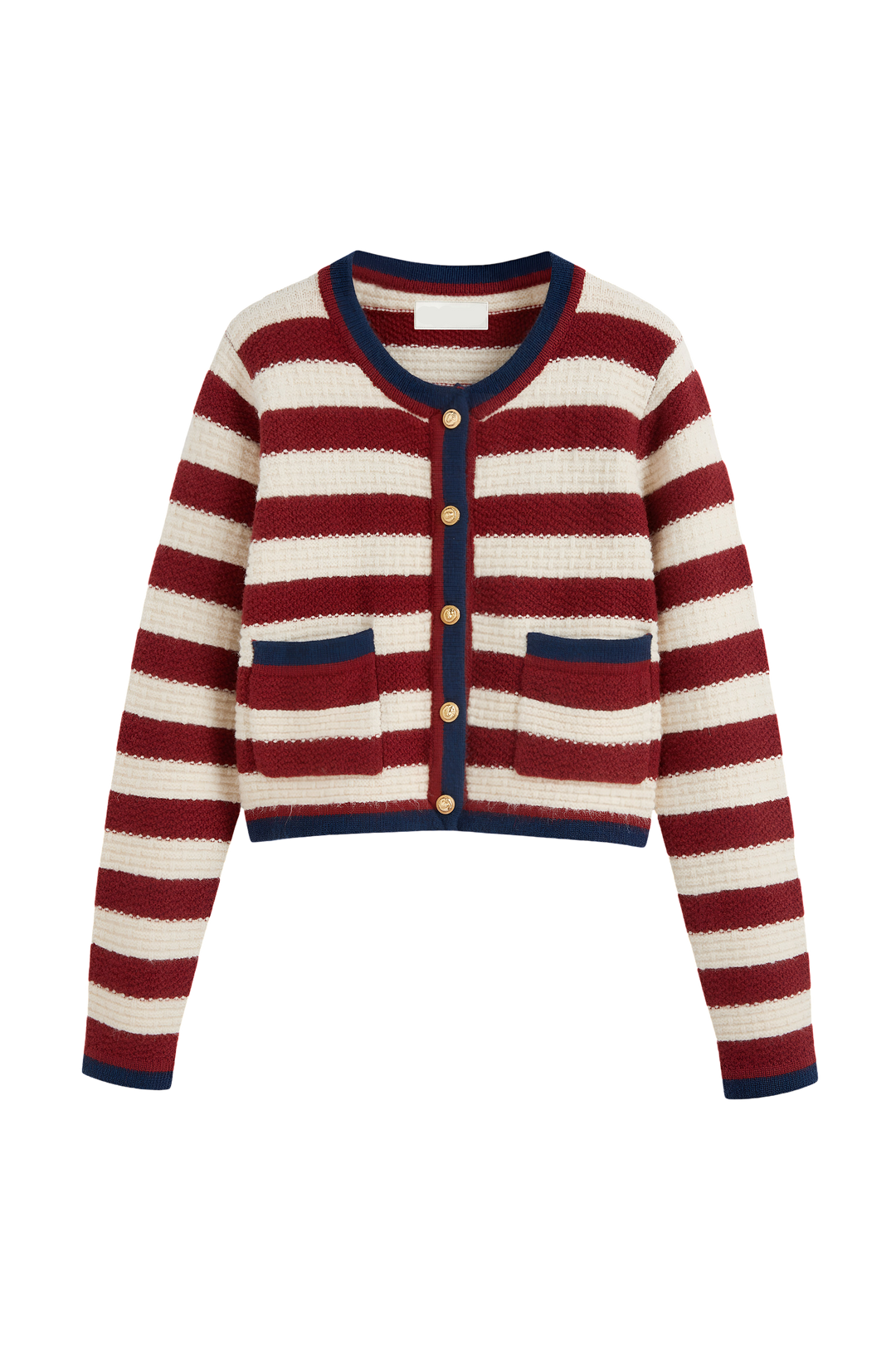 Détail du cardigan femme à rayures fines, col en V et boutons ronds métalliques, idéal pour une mode automne élégante.