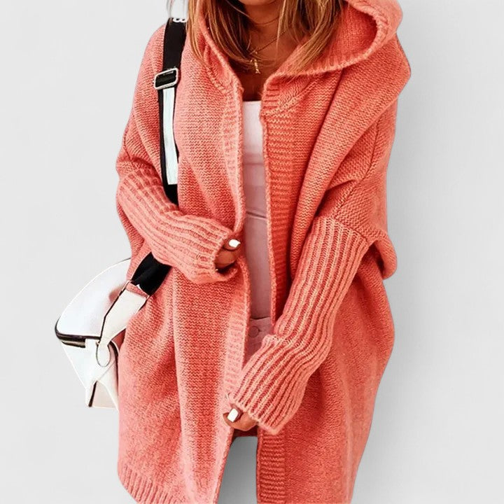 Cardigan long oversize femme avec capuche, doux et confortable pour l'automne/hiver.