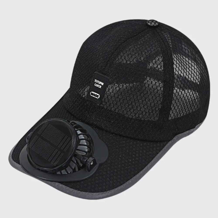 Casquette unisexe noire avec mini ventilateur intégré, idéale pour l'été, le sport et l'extérieur. Protection solaire.