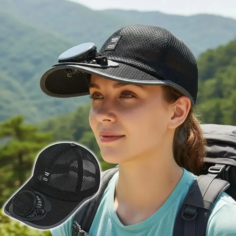 Casquette rechargeable avec ventilateur intégré. Idéale pour le sport, les voyages et une protection solaire optimale.