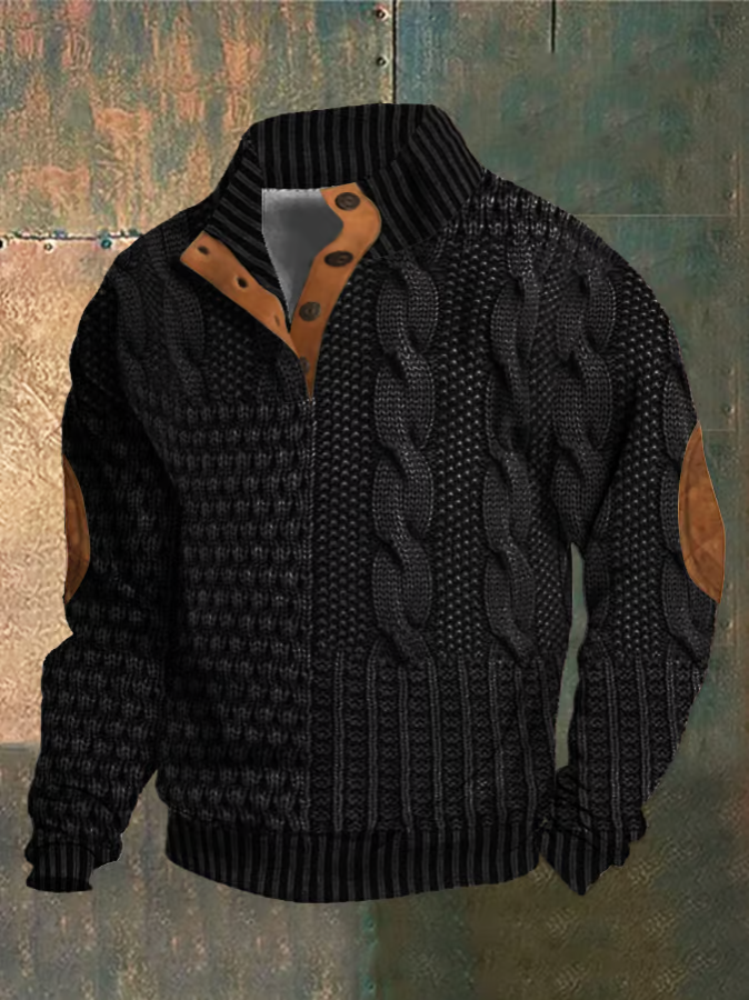 Chandail homme confortable à motif torsadé, col montant boutonné. Parfait pour la mi-saison, look casual chic.