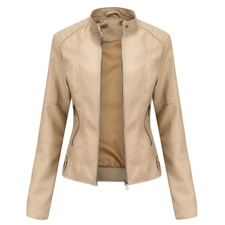 Veste motard femme tendance automne, coupe cintrée, col mao. Affirme un style urbain élégant et moderne.