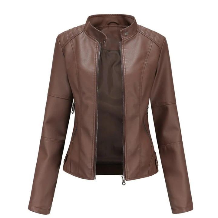 Détail: Veste motard femme cintrée avec col mao. Un classique élégant et polyvalent pour un style urbain chic.