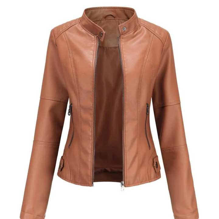 Veste motard femme polyvalente, coupe cintrée, col mao. Idéale pour un look urbain chic et tendance automne.