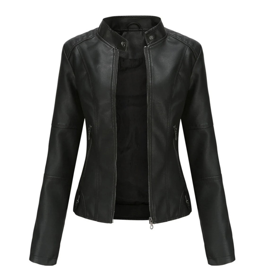Veste motard femme cintrée élégante, col mao. Style urbain tendance automne, parfaite mi-saison.