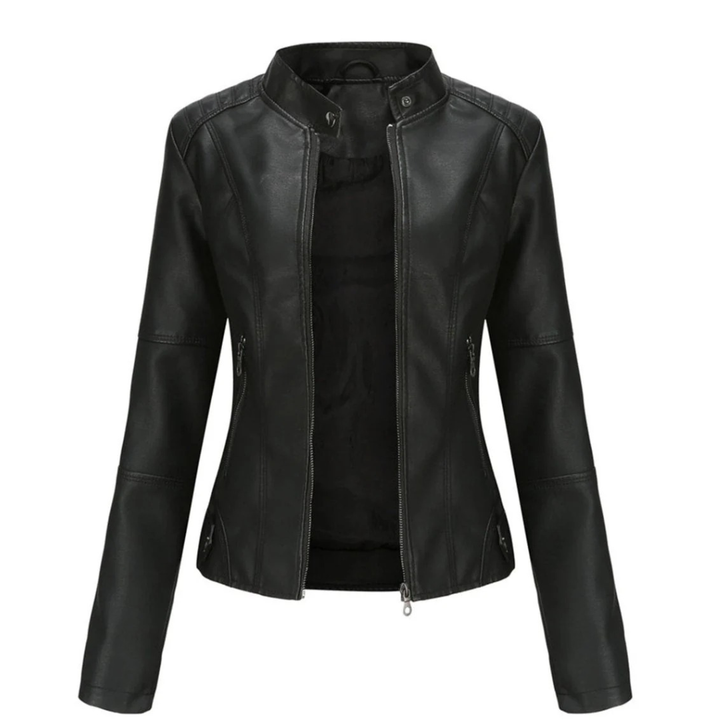 Veste motard femme cintrée élégante, col mao. Style urbain tendance automne, parfaite mi-saison.