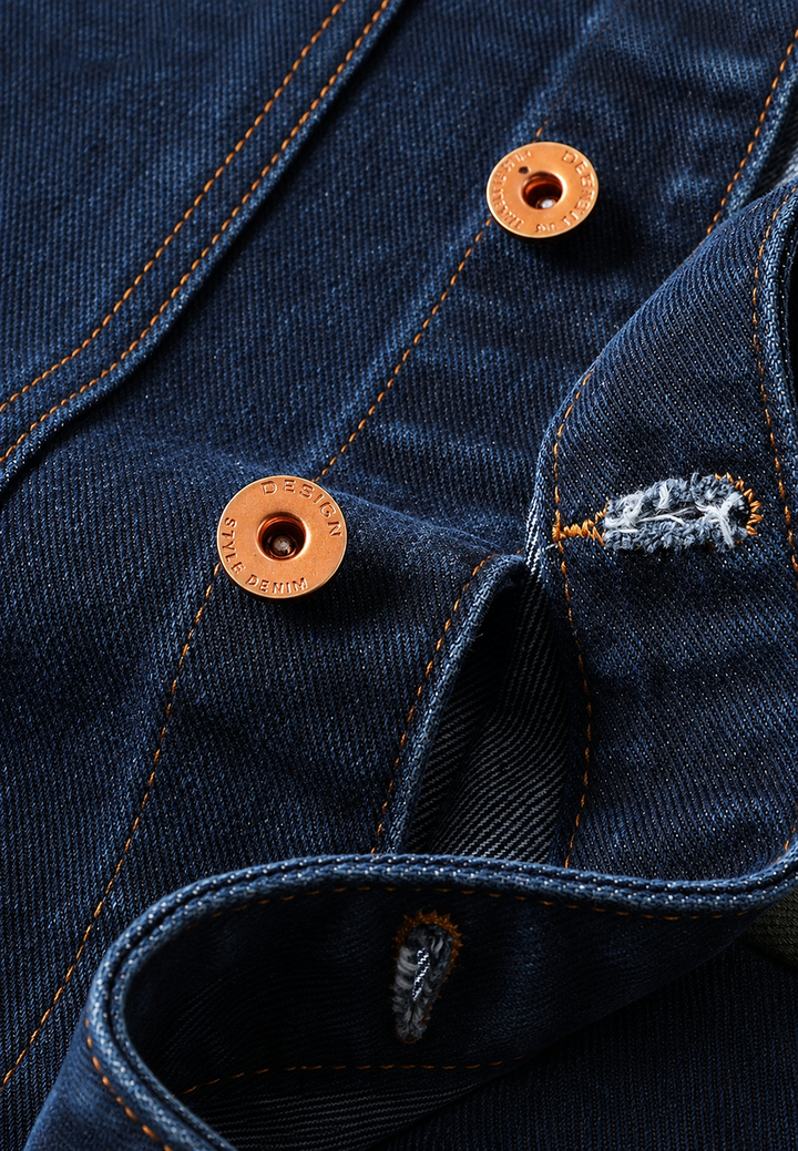 Veste en jean homme bleu marine, style décontracté, avec boutons. Vêtement moderne et polyvalent pour mi-saison.