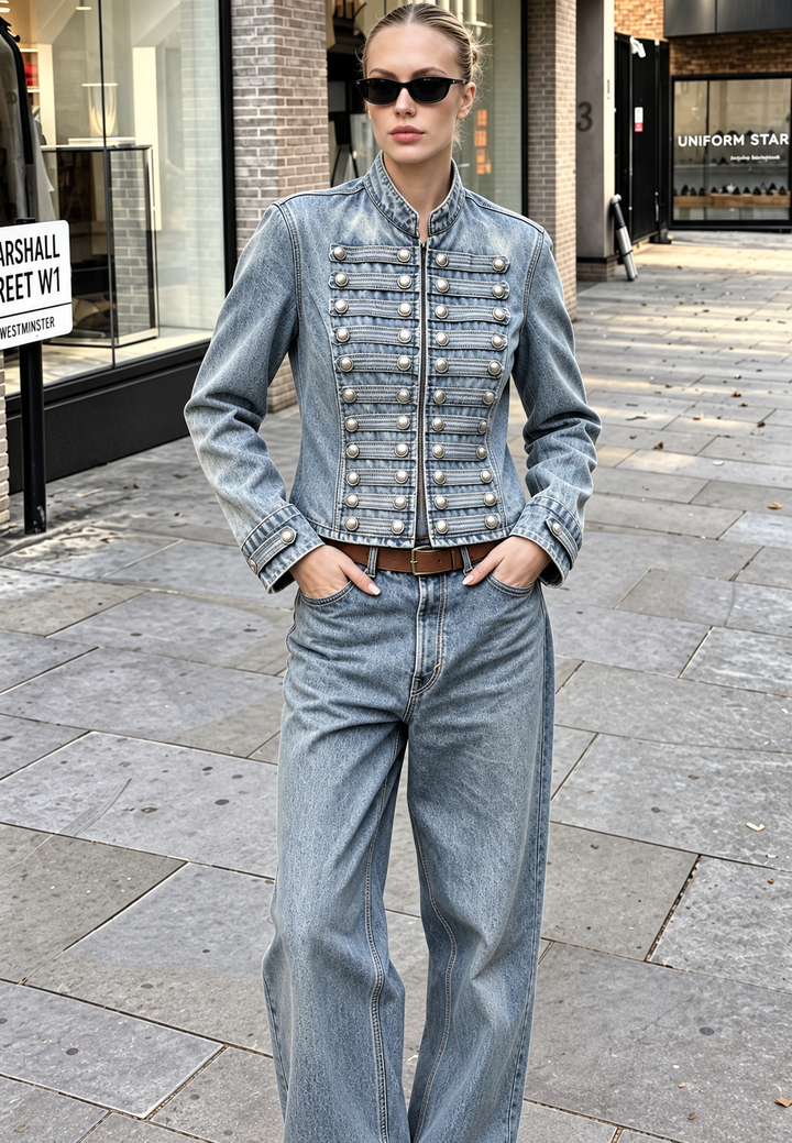 Veste en jean courte femme cintrée avec col mao élégant, style moderne pour le printemps ou l'automne.