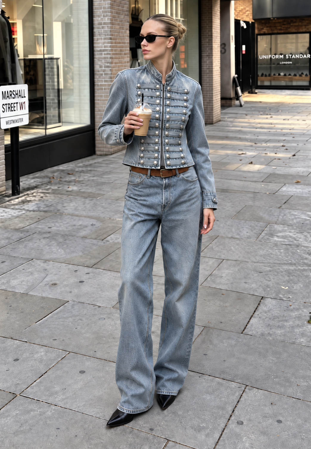 Veste en jean femme cintrée, coupe courte et col mao, idéale pour un look chic et tendance au quotidien.