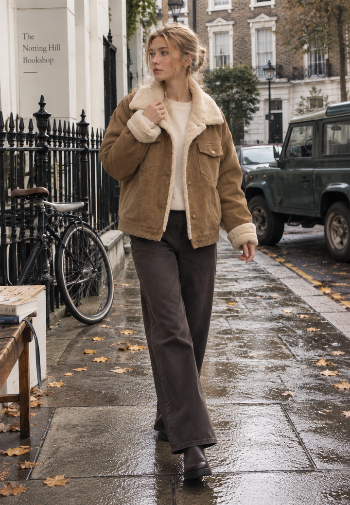 Veste femme élégante pour l'automne, col effet fourrure. Idéale pour rester chic et au chaud avec style.