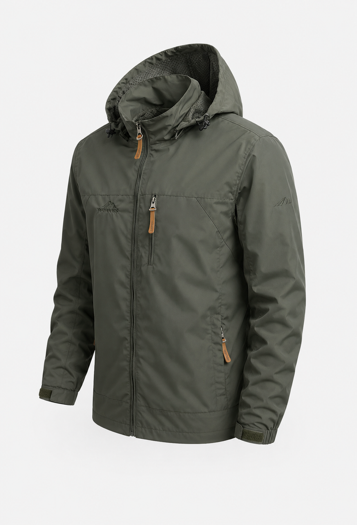 Coupe-vent homme avec capuche réglable, tissu imperméable, poches zippées pratiques pour l'aventure.