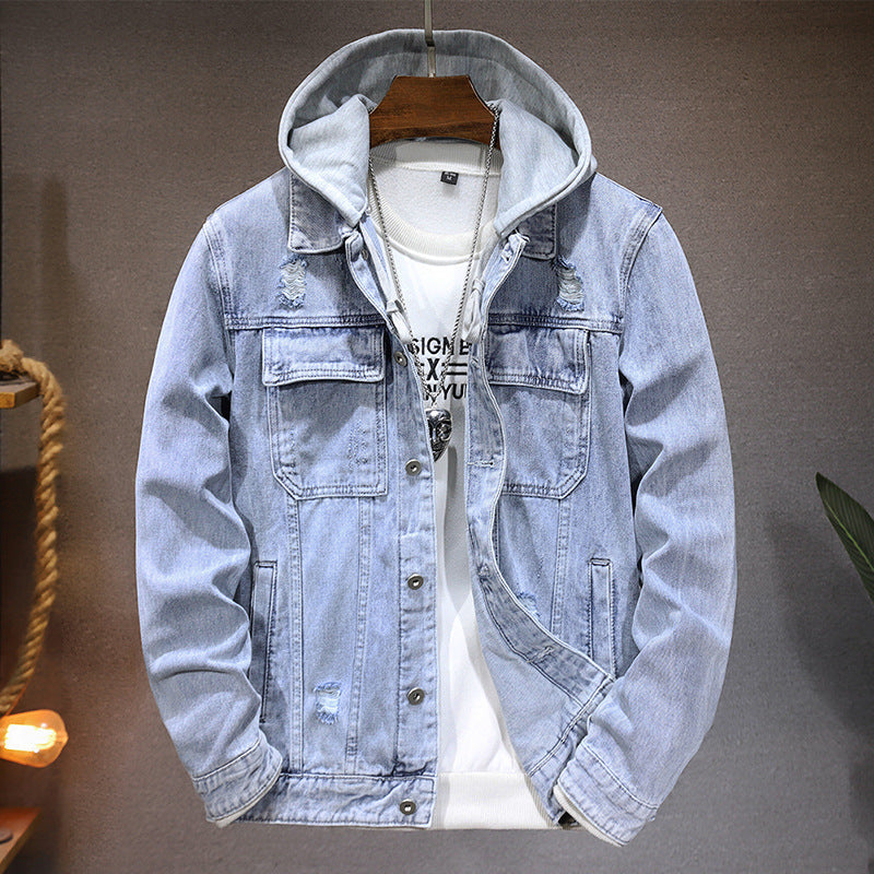 Veste homme délavée avec capuche, style urbain décontracté, idéale pour un look moderne.
