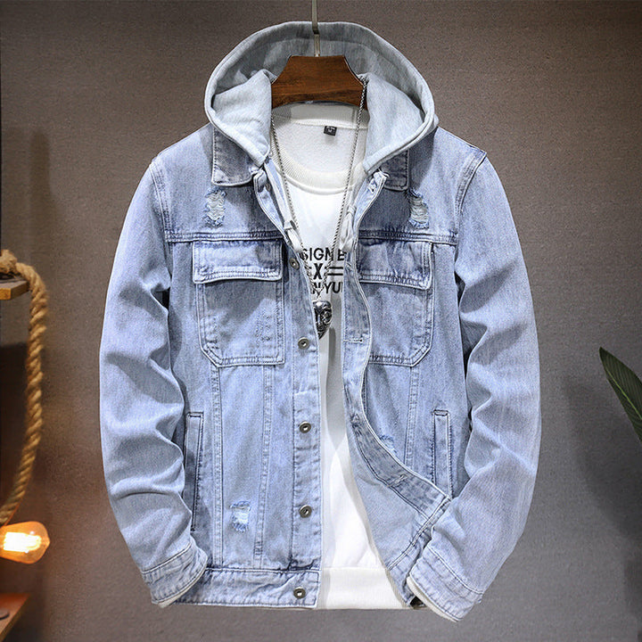 Veste homme délavée avec capuche, style urbain décontracté, idéale pour un look moderne.
