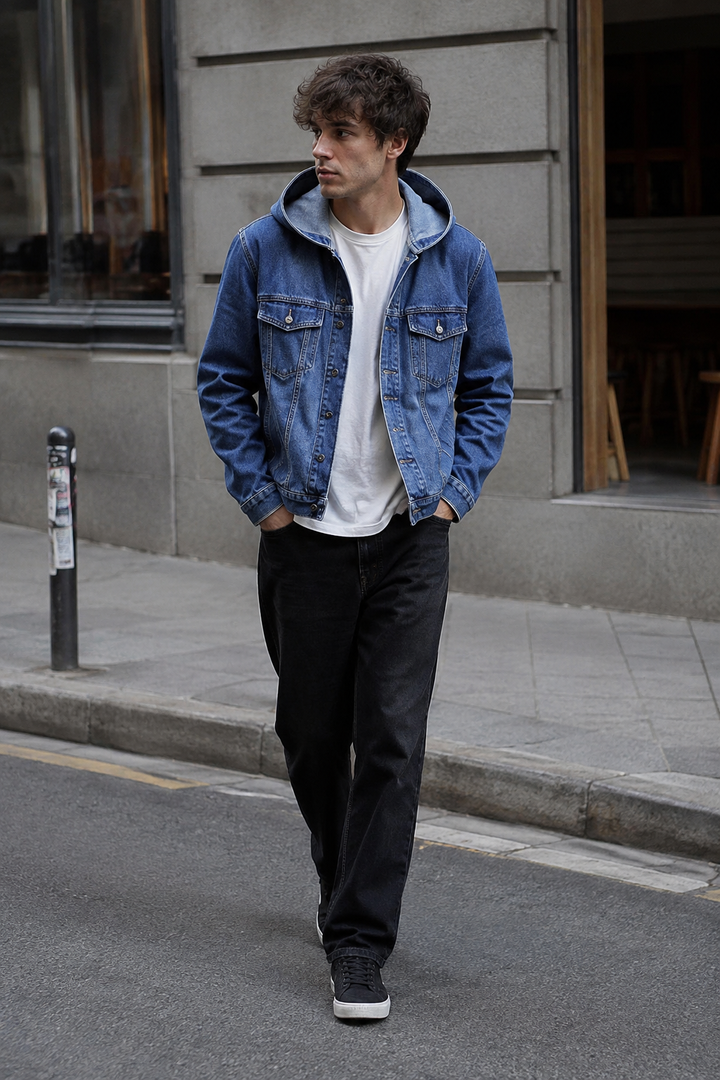 Veste homme délavée à capuche, finition unique, look urbain décontracté tendance.
