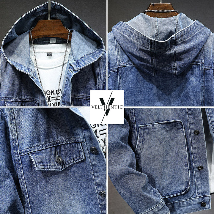 Gros plan veste homme à capuche, coloris délavé, détail de la texture urbaine unique.
