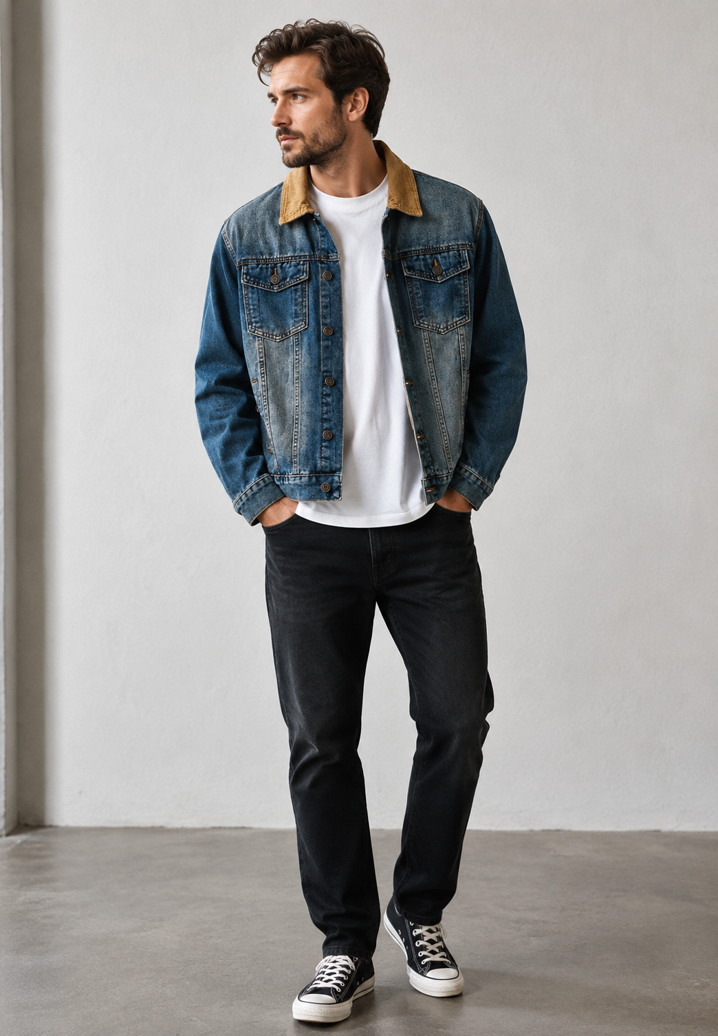 Blouson homme bleu effet délavé, coupe décontractée. Veste vintage mi-saison avec col texturé, parfait pour l'automne.