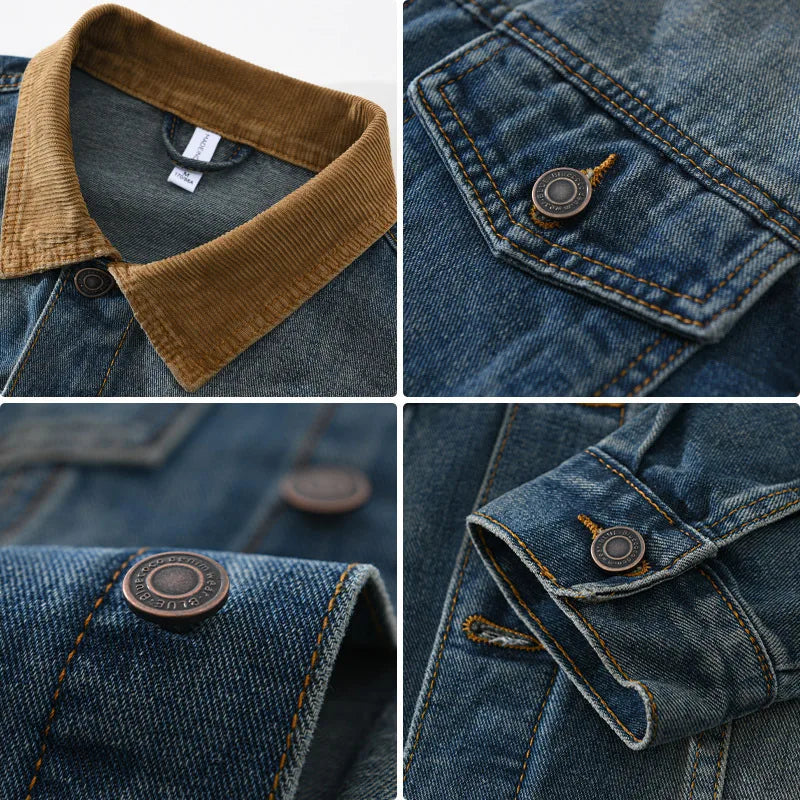 Veste homme mi-saison bleue, effet délavé vintage. Blouson décontracté avec col texturé contrasté. Parfaite pour l'automne.