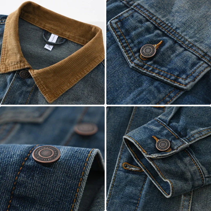 Veste homme mi-saison bleue, effet délavé vintage. Blouson décontracté avec col texturé contrasté. Parfaite pour l'automne.