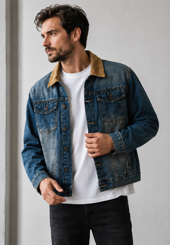 Veste décontractée homme bleue, style vintage délavé. Blouson mi-saison avec col texturé et contrasté, idéal automne.