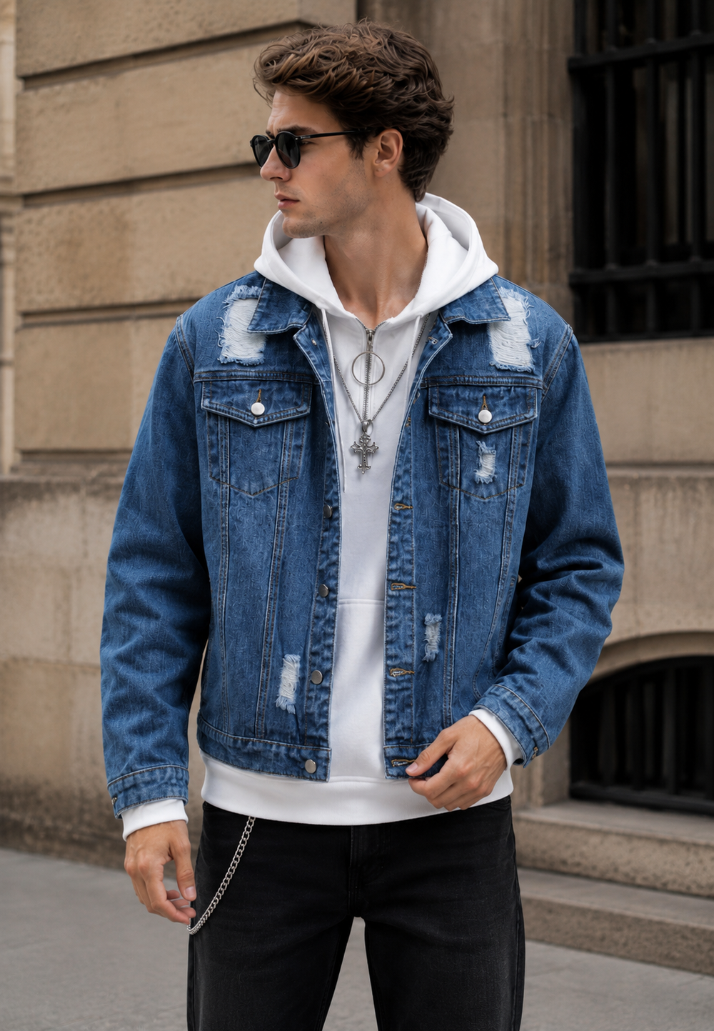 Blouson en jean denim pour homme, délavé avec déchirures, style casual et tendance.