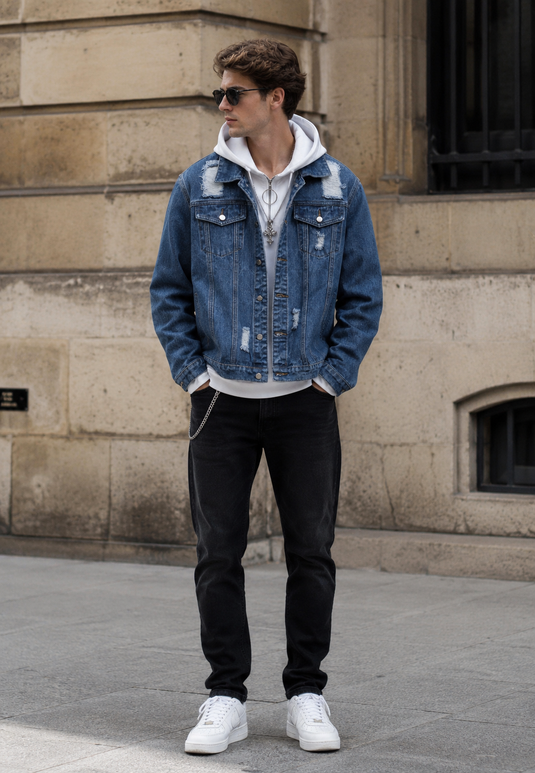 Veste en jean homme délavée et déchirée, coupe moderne, parfaite pour un look casual tendance.