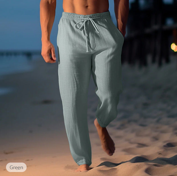 Pantalon casual homme en lin, look estival et décontracté. Taille élastique pour un confort maximal.