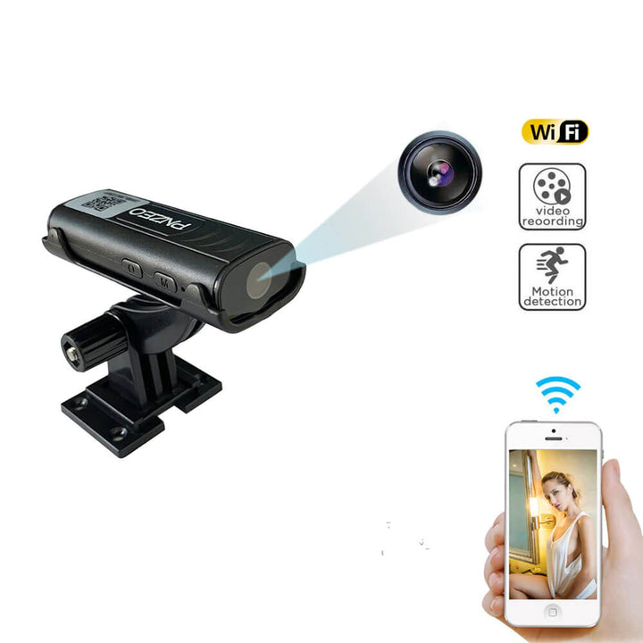 Mini-caméra de sécurité WiFi compacte avec détection de mouvement pour surveillance discrète maison/bureau.