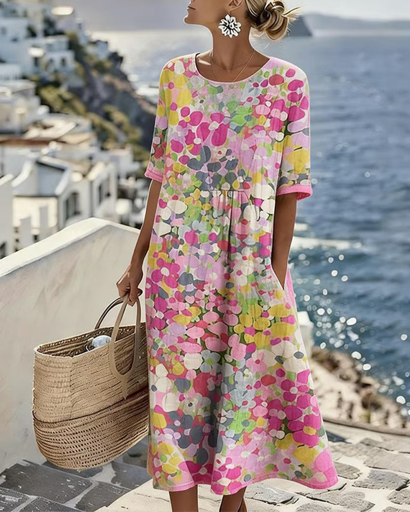 Robe midi femme en coton lin, imprimé floral abstrait multicolore, manches courtes, poches latérales.