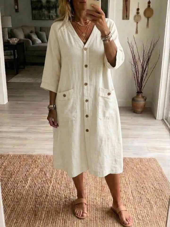 Élégante robe femme midi en coton lin, col V, coupe ample, parfaite pour un style décontracté d'été.